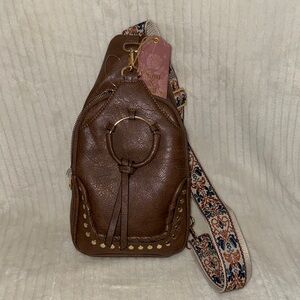 Brown Leather Crossbody Bag with Patterned Strap